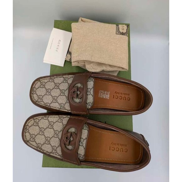 Gucci Men’s Interlocking G Supreme Driver Calfskin Loafers Brown Sugar UK7.5 730 - Picture 13 of 14